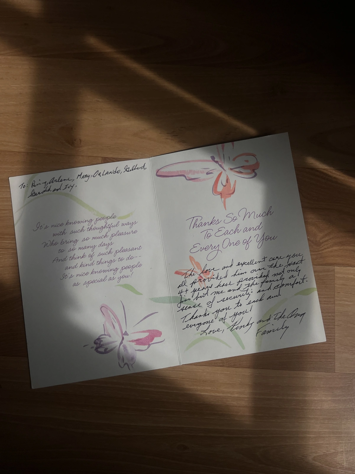 Handwritten letter from Pinky and the Ong Family