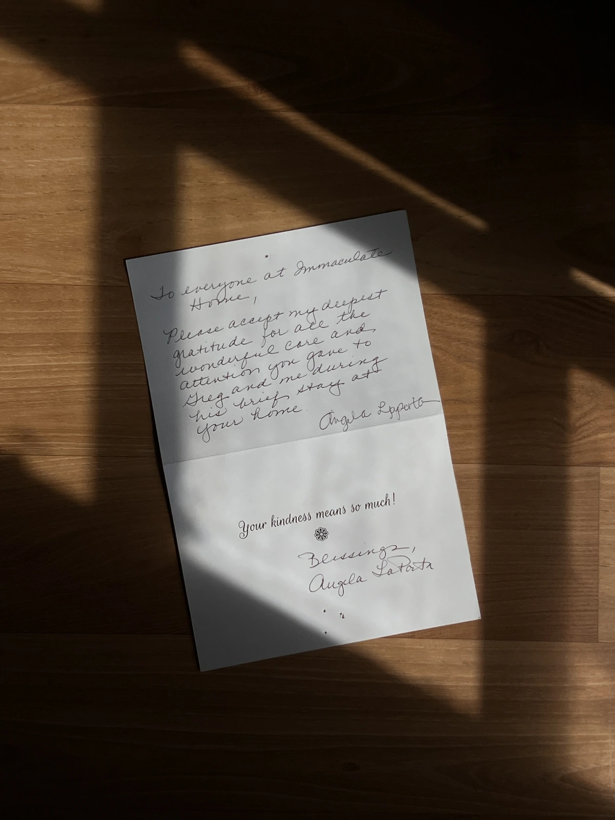 Handwritten letter from Angela La Porta