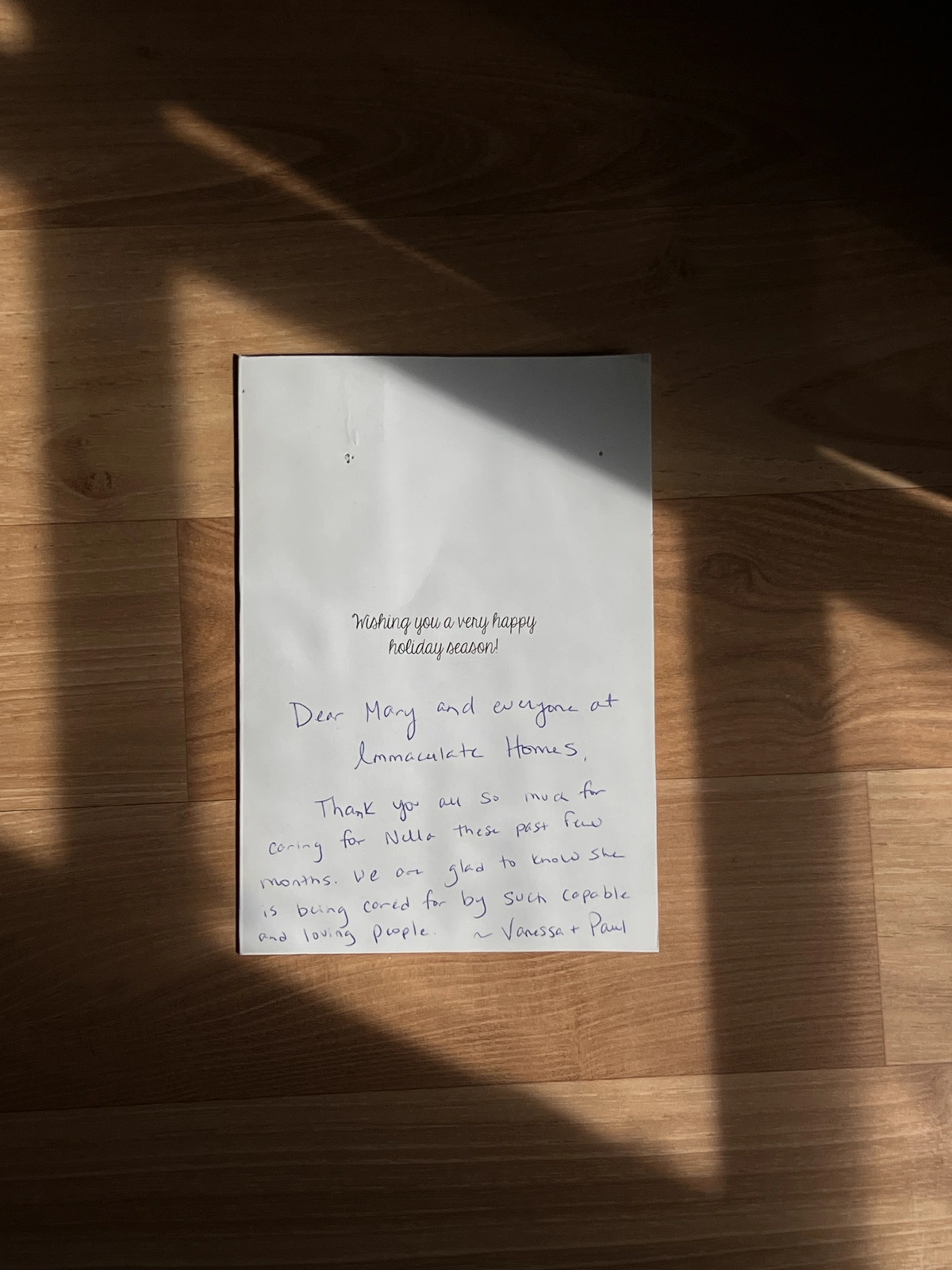 Handwritten letter from Vanessa + Paul