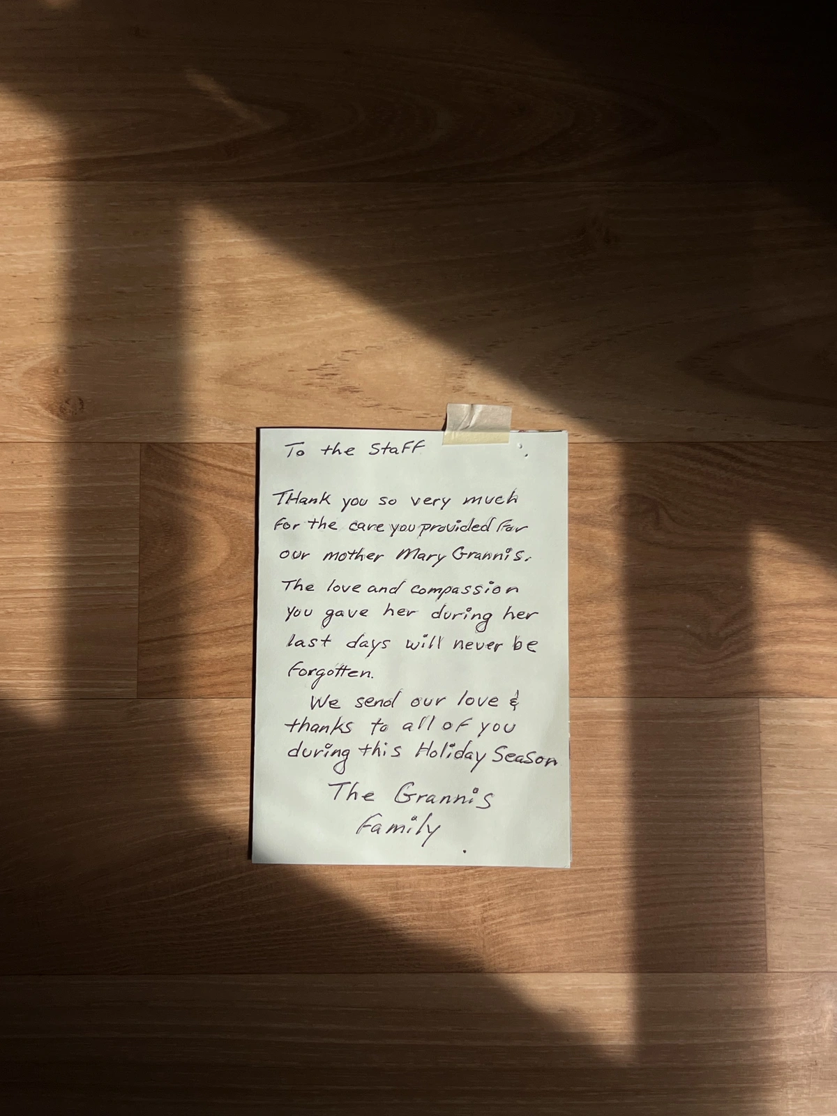 Handwritten letter from The Grannis Family